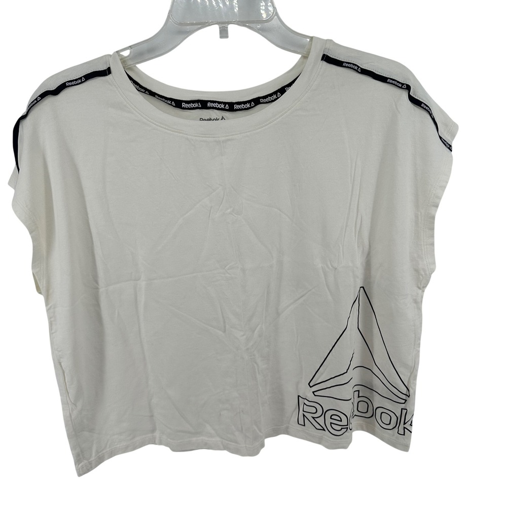 Reebok Womens‎ XL White Cropped Graphic T-Shirt Delta Logo Branded Taping Boxy